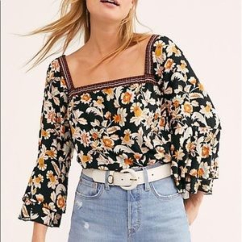 Free People Bell Sleeve Bodysuit Black/Floral Small